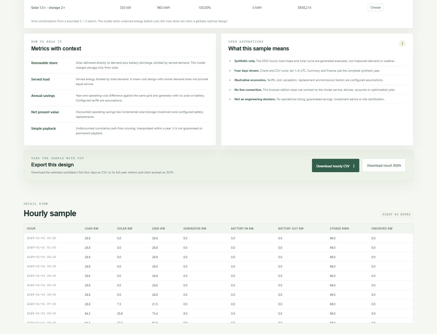 Actual Solmora Grid browser explorer with explicitly synthetic example results